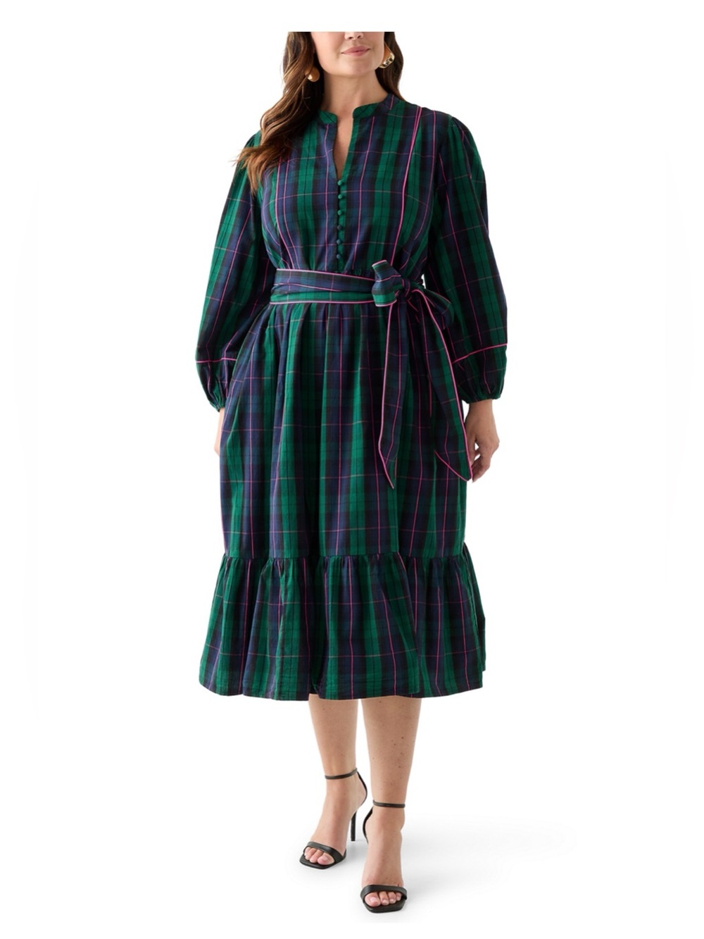 New with tags plus size crown & ivy Green Plaid Midi Dress with Pink Trim